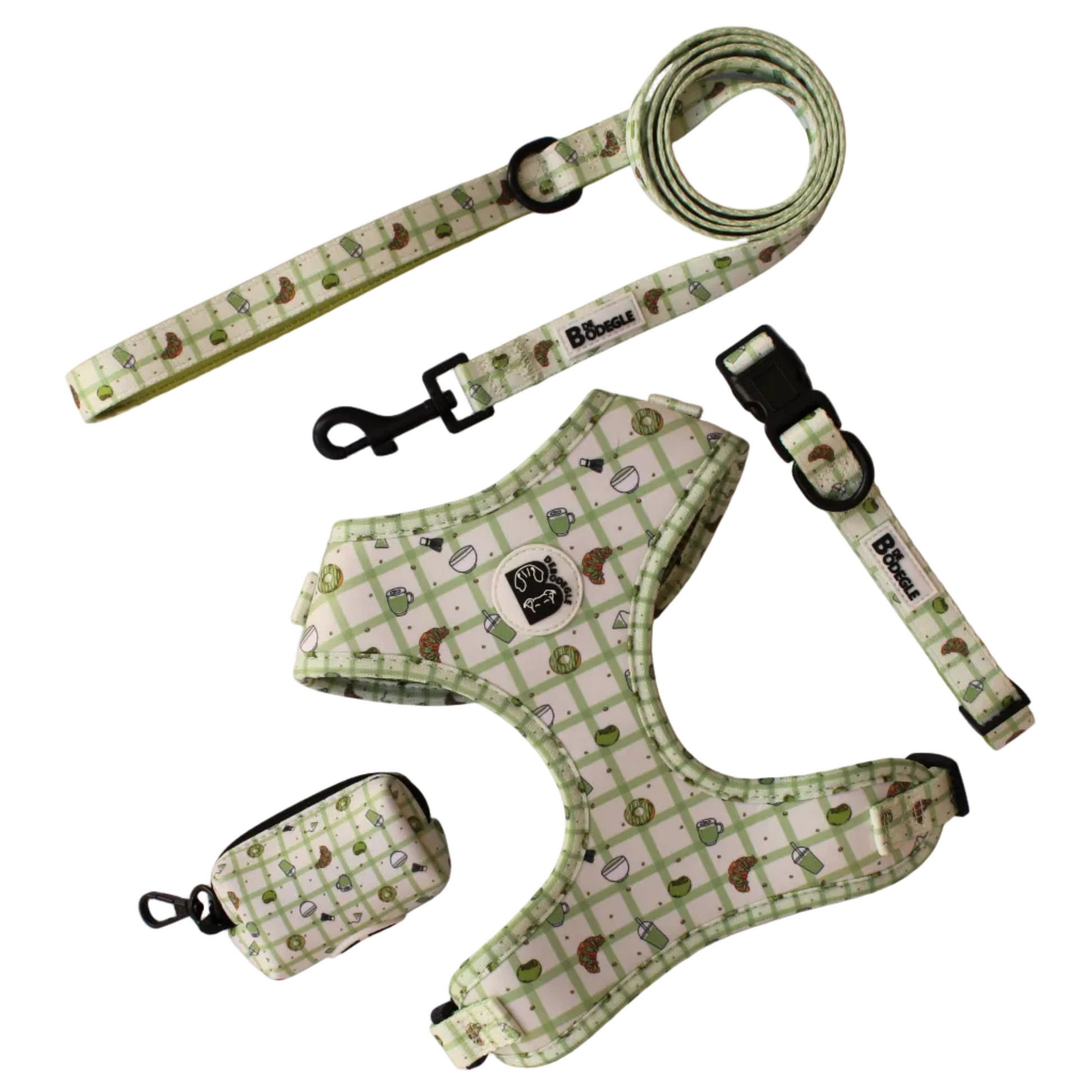 Pack completo para perro Picnic Matcha: arnés, collar, correa y porta bolsas