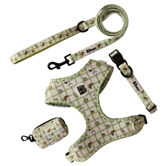 Pack completo para perro Picnic Matcha: arnés, collar, correa y porta bolsas