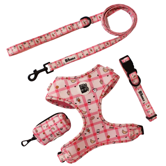 Pack completo para perro Picnic Café: arnés, collar, correa y porta bolsas