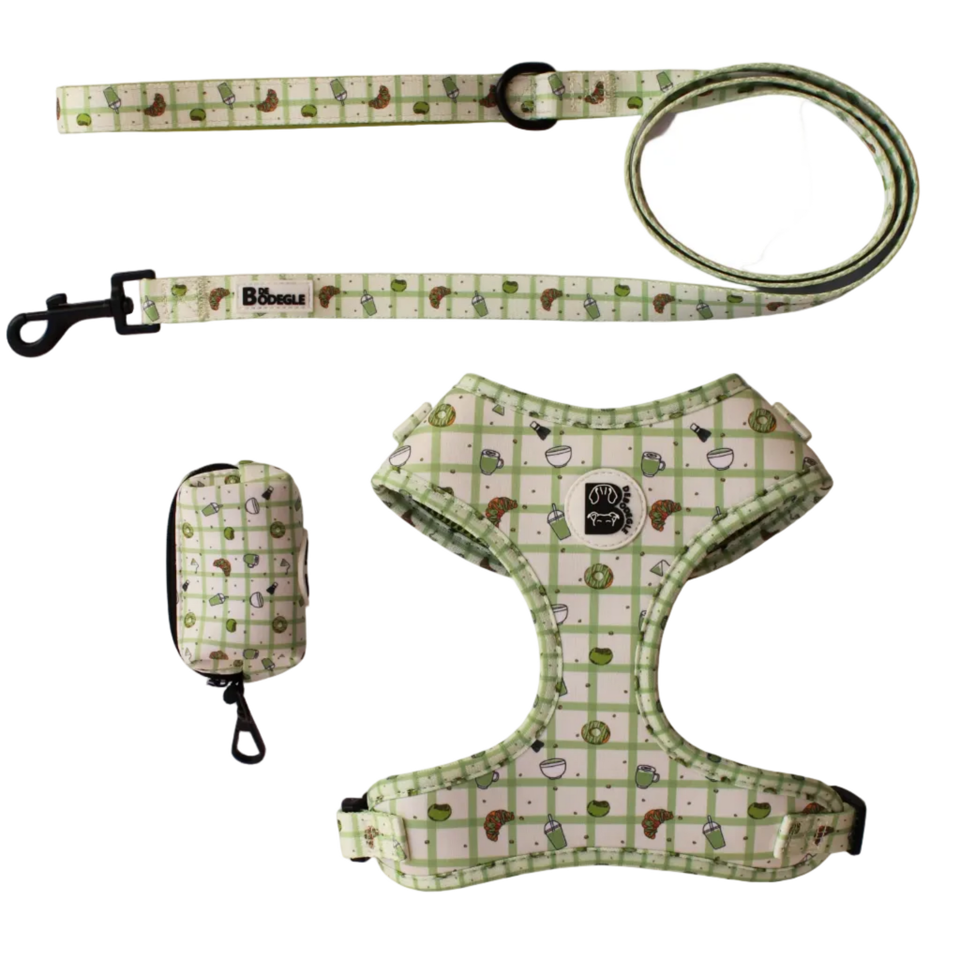 Pack para perro Picnic Matcha: arnés, correa y porta bolsas